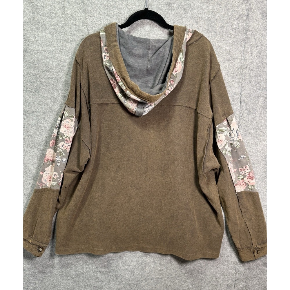 POL Women's L Brown Floral Patchwork Oversized Hoodie Boho Star Appliqué, Cotton - Picture 9 of 13